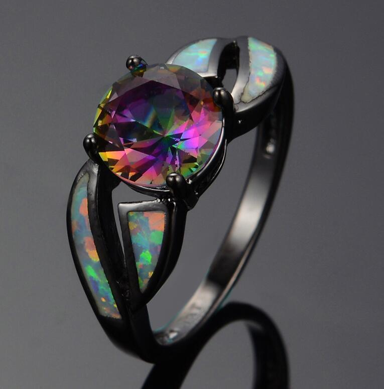Weißes Feuer Opal Ring Charme Schmuck bunte Regenbogen Sappjire Schwarz Gold Verlobungsring Schmuck
