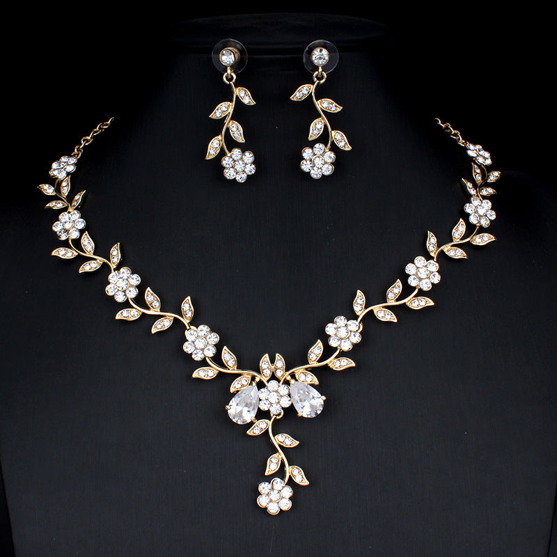 Golden Zirkon Schmuck Set Braut Halskette Ohrringe Hochzeit Zweiteiliges Set