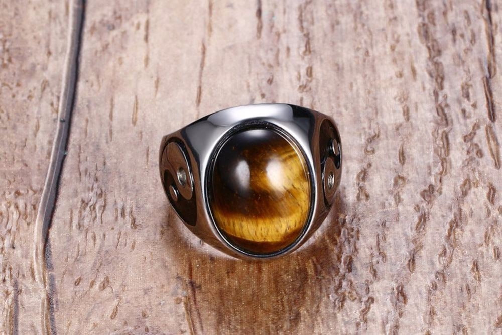 Vintage Männer Junge Oval Tigerauge Braune Steine mit Yin Yang Symbol Ring in Edelstahl Schmuck Herren Accessoires Anel Aneis