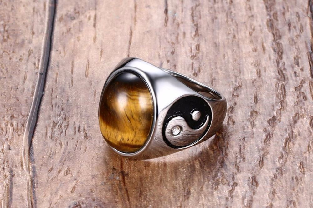 Vintage Männer Junge Oval Tigerauge Braune Steine mit Yin Yang Symbol Ring in Edelstahl Schmuck Herren Accessoires Anel Aneis