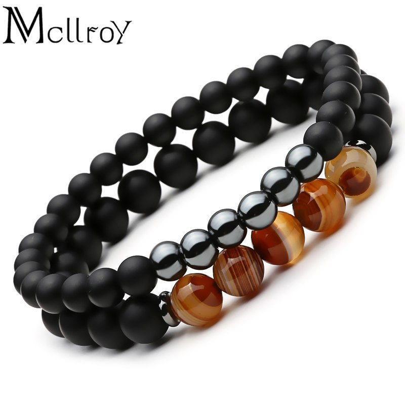 Mcllroy 2 Stück Naturstein Armband Perlen Schwarz Mantra Gebetsperlen Buddha Armband für Frauen und Herren Männer Schmuck 2 Stück Naturstein