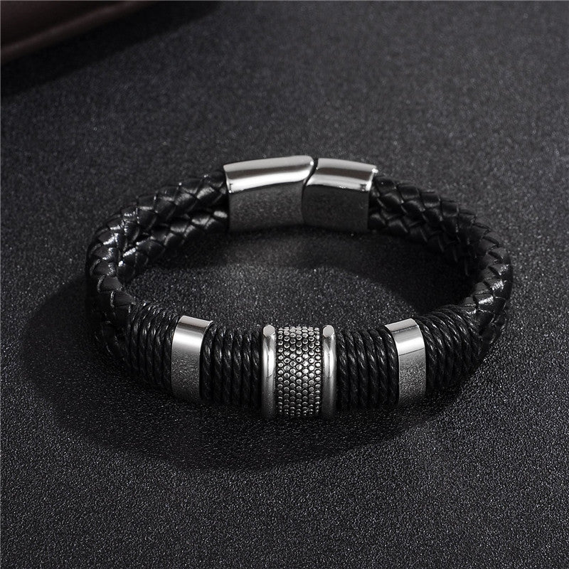 Mode Schwarzer Zopf Gewebtes Lederarmband Titan Edelstahl Armband Männer Armreif Männer Schmuck Vintage Geschenk