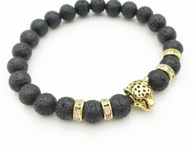 8mm Naturstein Lavastein Perlenarmband für Männer Leopardenkopf Leopardenanhänger Charm Armband Handgemachter Schmuck