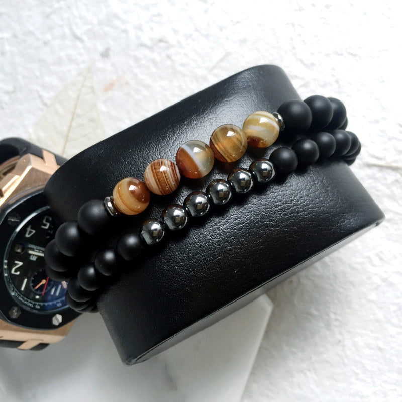 Mcllroy 2 Stück Naturstein Armband Perlen Schwarz Mantra Gebetsperlen Buddha Armband für Frauen und Herren Männer Schmuck 2 Stück Naturstein