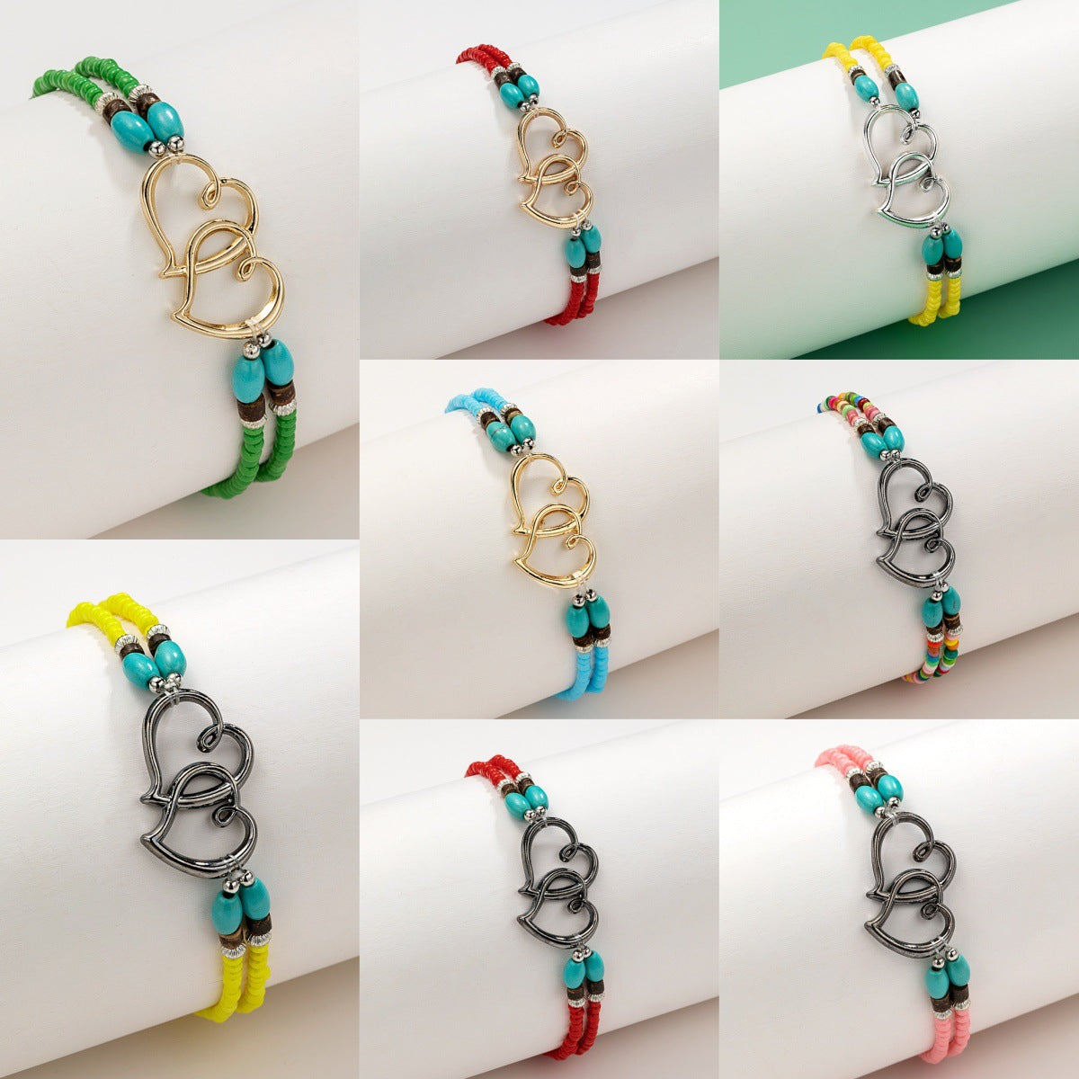 Mode Urlaub Stil Legierung Doppel Herz Perle Türkis Doppel Elastische Knöchel