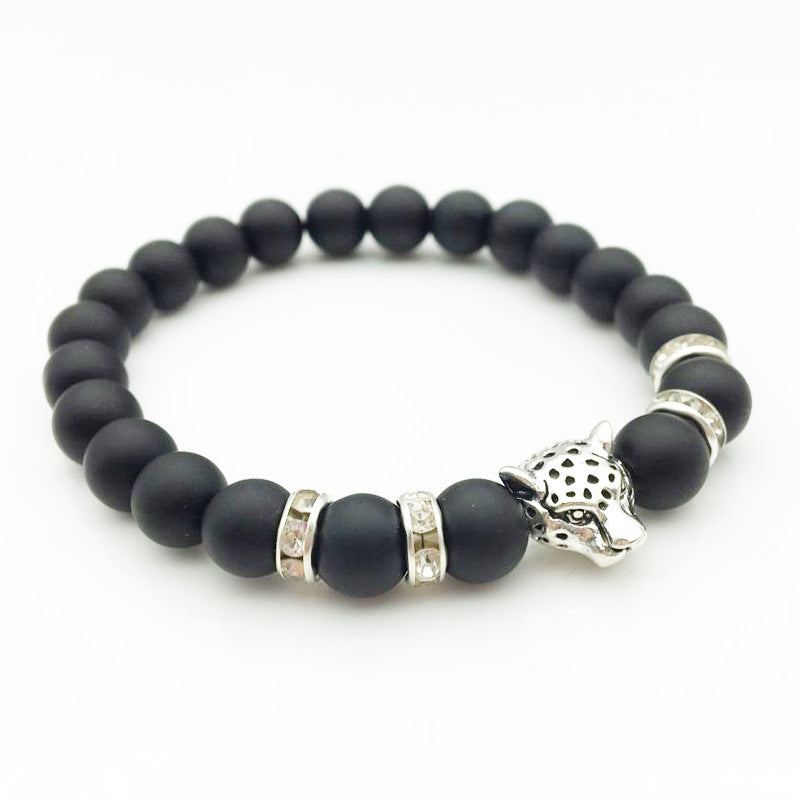 8mm Naturstein Lavastein Perlenarmband für Männer Leopardenkopf Leopardenanhänger Charm Armband Handgemachter Schmuck