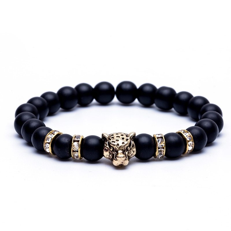 8mm Naturstein Lavastein Perlenarmband für Männer Leopardenkopf Leopardenanhänger Charm Armband Handgemachter Schmuck