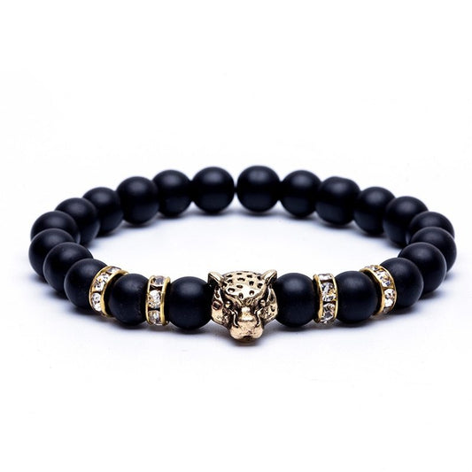 8mm Naturstein Lavastein Perlenarmband für Männer Leopardenkopf Leopardenanhänger Charm Armband Handgemachter Schmuck