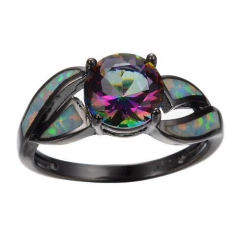 Weißes Feuer Opal Ring Charme Schmuck bunte Regenbogen Sappjire Schwarz Gold Verlobungsring Schmuck
