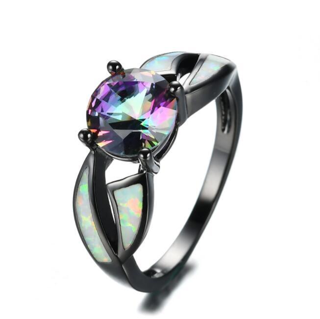 Weißes Feuer Opal Ring Charme Schmuck bunte Regenbogen Sappjire Schwarz Gold Verlobungsring Schmuck