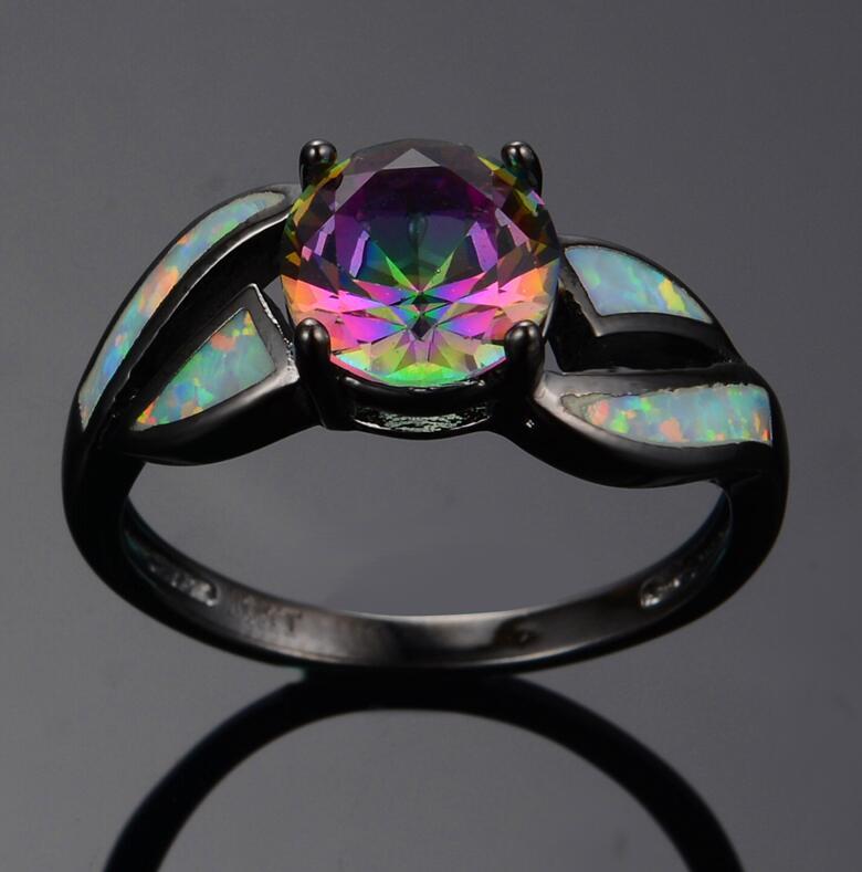 Weißes Feuer Opal Ring Charme Schmuck bunte Regenbogen Sappjire Schwarz Gold Verlobungsring Schmuck