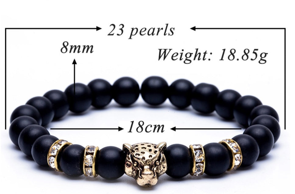 8mm Naturstein Lavastein Perlenarmband für Männer Leopardenkopf Leopardenanhänger Charm Armband Handgemachter Schmuck