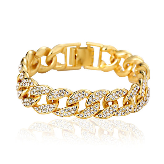 Kubanische dicke Gliederkette Armband Punk Luxus Kristall Armbänder für Frauen Schmuck Gold Farbe Strass Armreifen
