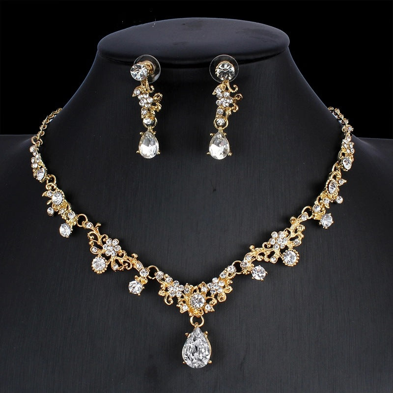 Golden Zirkon Schmuck Set Braut Halskette Ohrringe Hochzeit Zweiteiliges Set