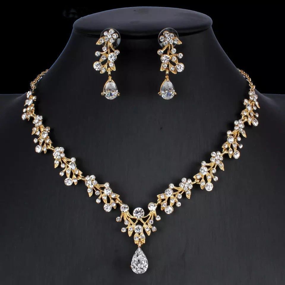 Golden Zirkon Schmuck Set Braut Halskette Ohrringe Hochzeit Zweiteiliges Set