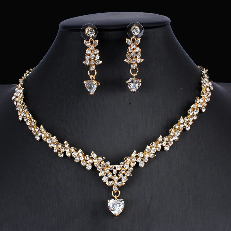 Golden Zirkon Schmuck Set Braut Halskette Ohrringe Hochzeit Zweiteiliges Set