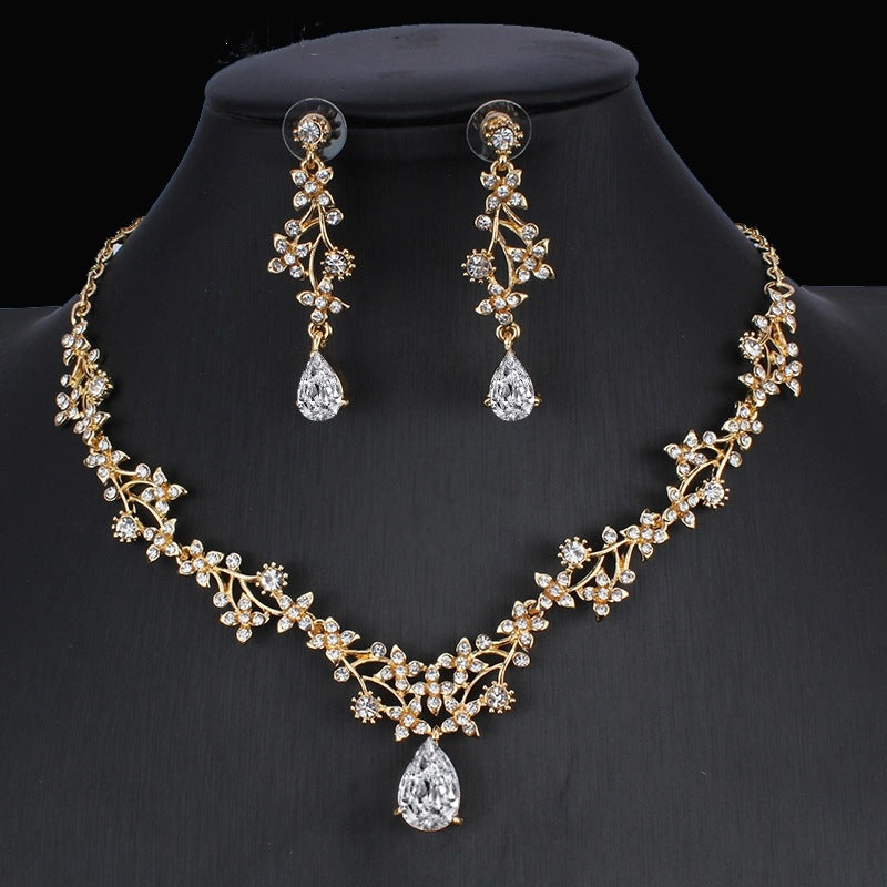 Golden Zirkon Schmuck Set Braut Halskette Ohrringe Hochzeit Zweiteiliges Set