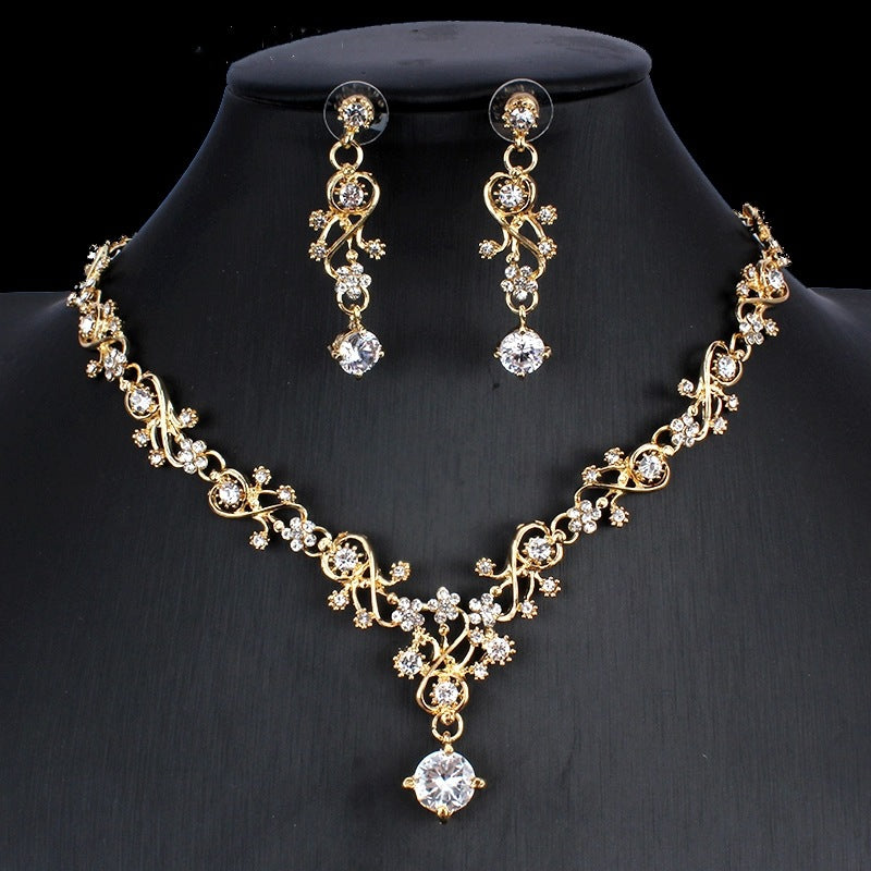 Golden Zirkon Schmuck Set Braut Halskette Ohrringe Hochzeit Zweiteiliges Set