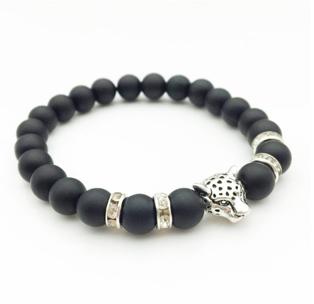 8mm Naturstein Lavastein Perlenarmband für Männer Leopardenkopf Leopardenanhänger Charm Armband Handgemachter Schmuck