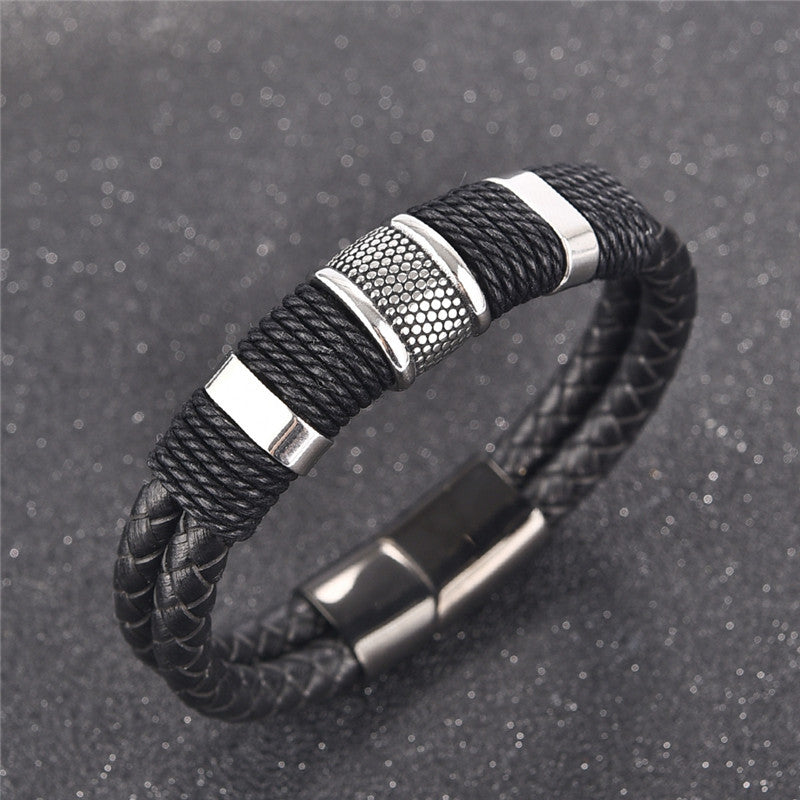 Mode Schwarzer Zopf Gewebtes Lederarmband Titan Edelstahl Armband Männer Armreif Männer Schmuck Vintage Geschenk