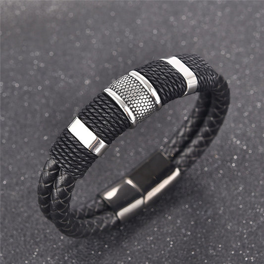 Mode Schwarzer Zopf Gewebtes Lederarmband Titan Edelstahl Armband Männer Armreif Männer Schmuck Vintage Geschenk