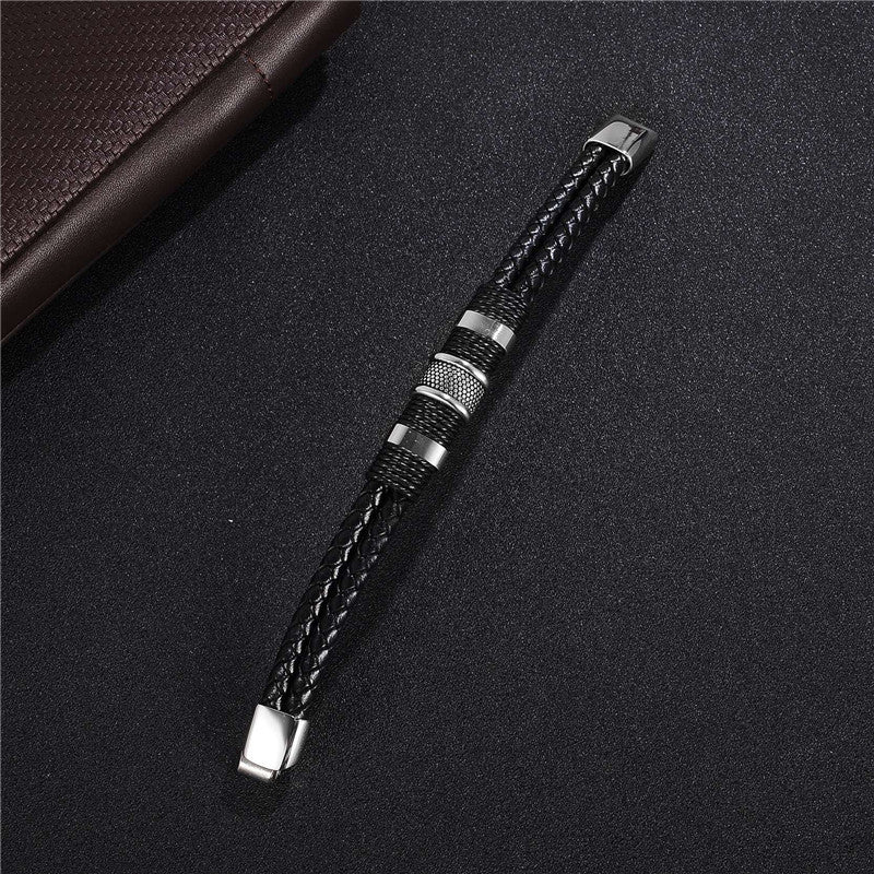 Mode Schwarzer Zopf Gewebtes Lederarmband Titan Edelstahl Armband Männer Armreif Männer Schmuck Vintage Geschenk