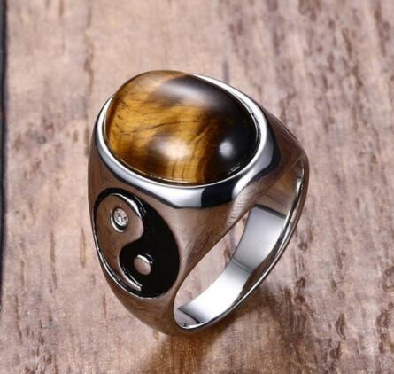 Vintage Männer Junge Oval Tigerauge Braune Steine mit Yin Yang Symbol Ring in Edelstahl Schmuck Herren Accessoires Anel Aneis