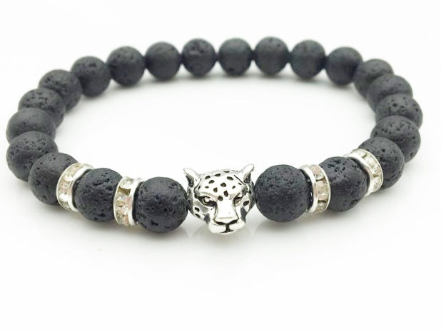 8mm Naturstein Lavastein Perlenarmband für Männer Leopardenkopf Leopardenanhänger Charm Armband Handgemachter Schmuck