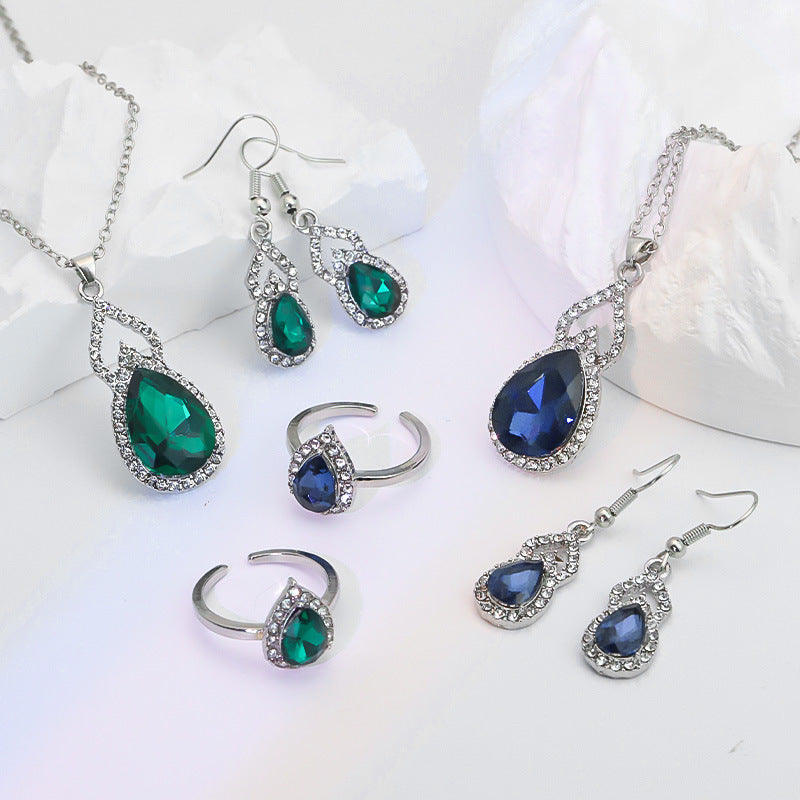 Leichtes Luxus-Schmuckset – Zirkonia Halskette, Armband, Ohrringe & offener Ring