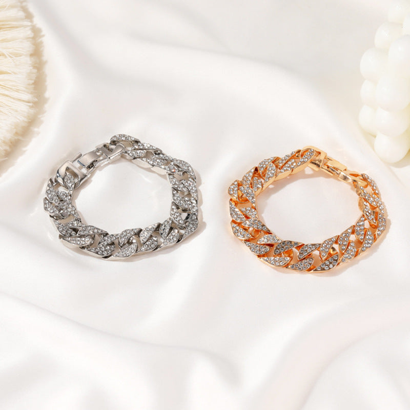 Kubanische dicke Gliederkette Armband Punk Luxus Kristall Armbänder für Frauen Schmuck Gold Farbe Strass Armreifen