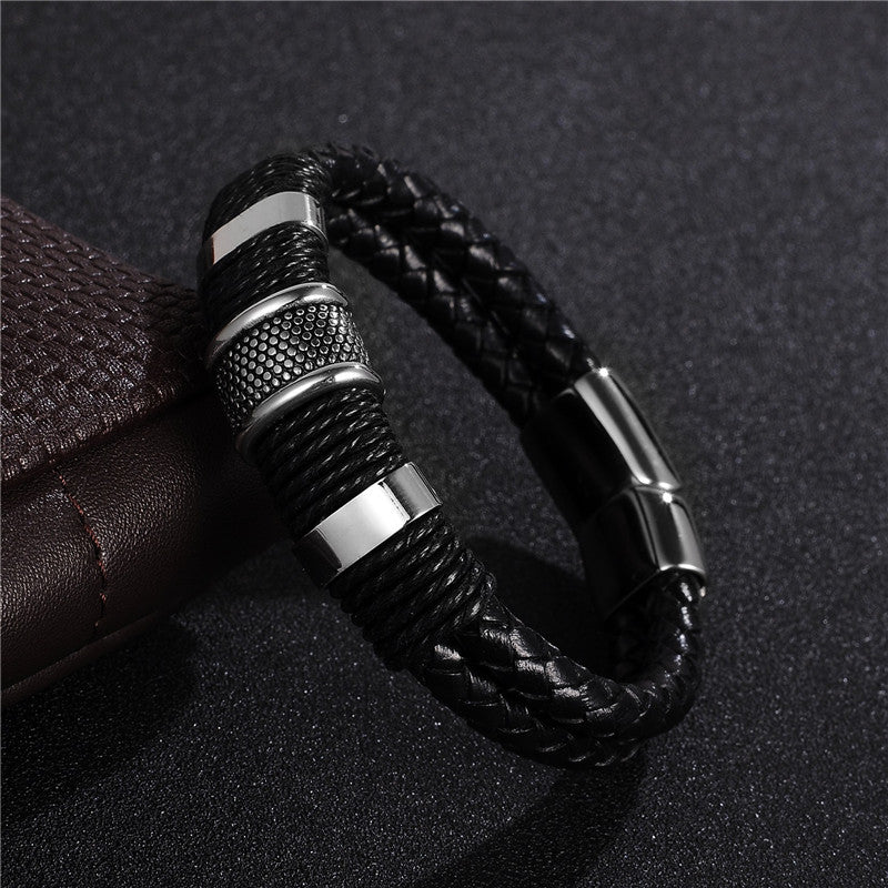 Mode Schwarzer Zopf Gewebtes Lederarmband Titan Edelstahl Armband Männer Armreif Männer Schmuck Vintage Geschenk