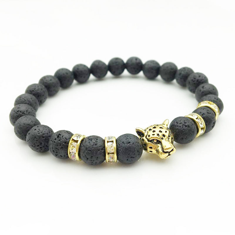 8mm Naturstein Lavastein Perlenarmband für Männer Leopardenkopf Leopardenanhänger Charm Armband Handgemachter Schmuck
