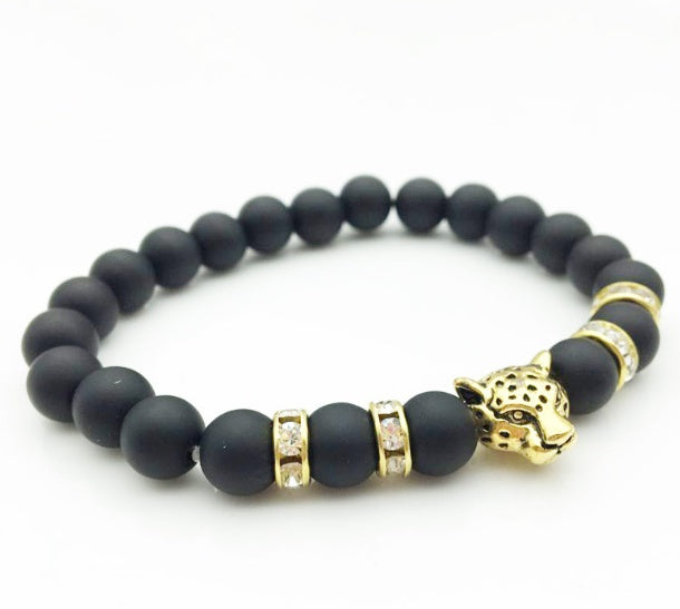 8mm Naturstein Lavastein Perlenarmband für Männer Leopardenkopf Leopardenanhänger Charm Armband Handgemachter Schmuck