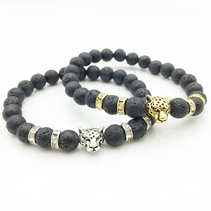 8mm Naturstein Lavastein Perlenarmband für Männer Leopardenkopf Leopardenanhänger Charm Armband Handgemachter Schmuck