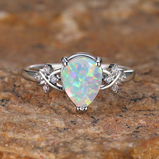 Tropfenförmige Inlayd Zirkon Weiß Diamant Blume Ring Vintage Einfache alle Match Schmuck