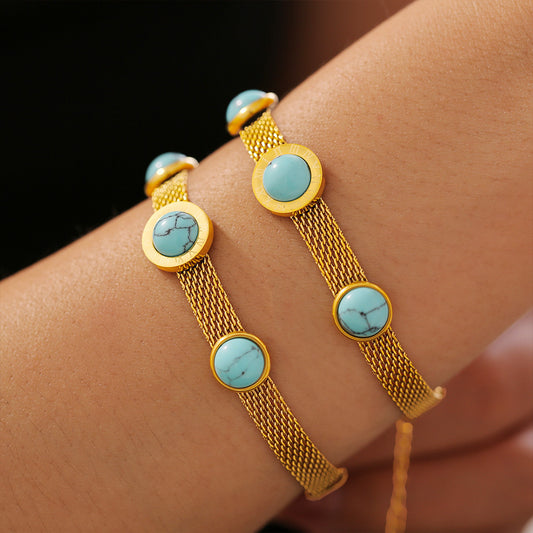 Europäischer und amerikanischer Stil Neue breite Oberfläche Mesh Runde Marke Türkis Armband Retro Persönlichkeit Design Titan Stahl plattiert 18K Gold Zubehör