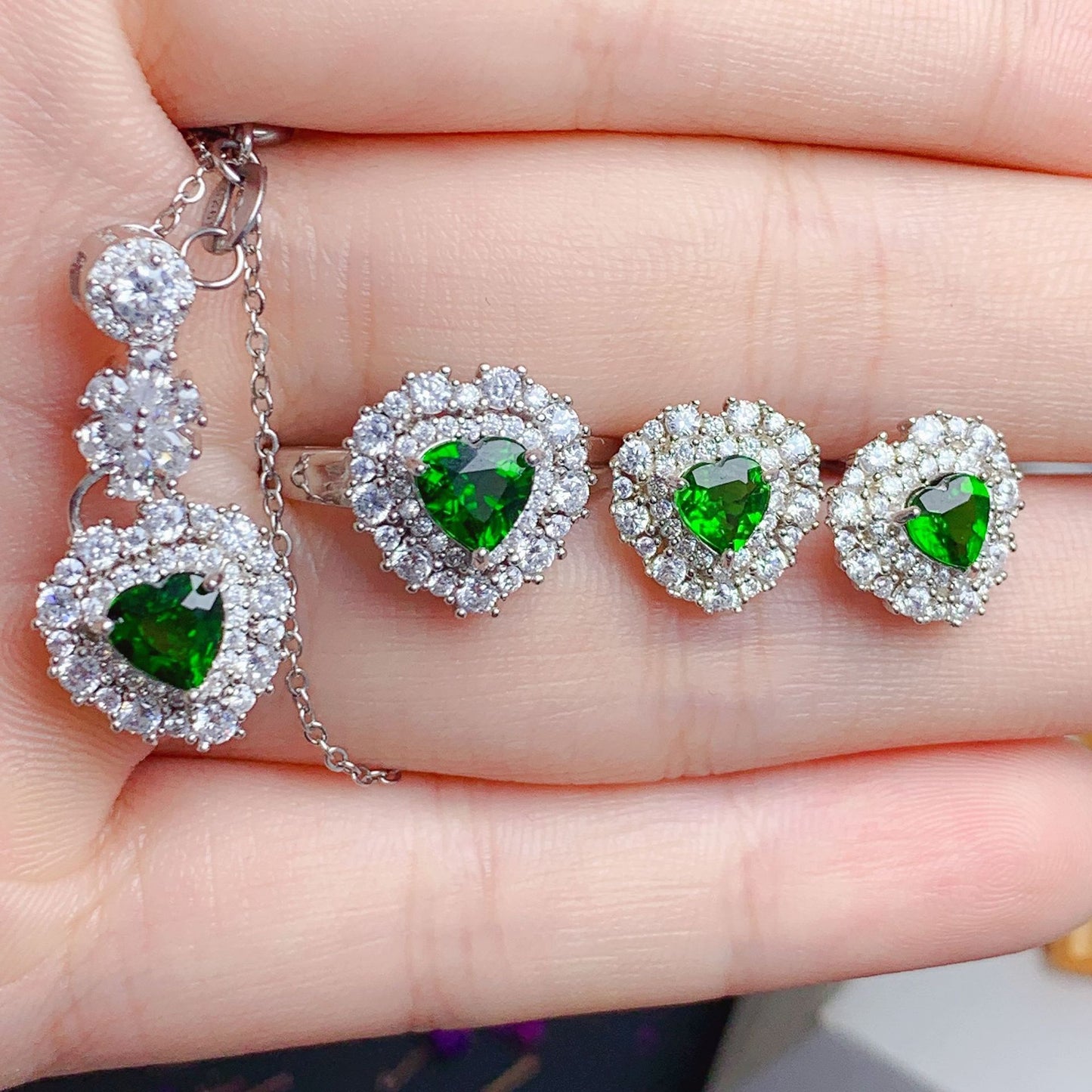 925 Silber Eingelegt Herzform Diopside Schmuckset