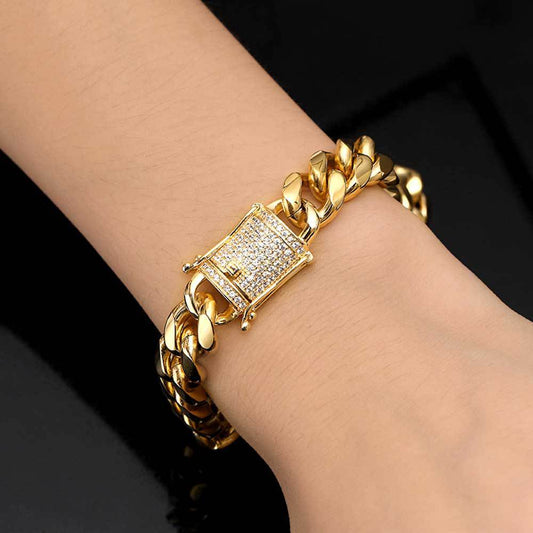 Diamant-Schnalle Edelstahl-Rundschleifen-Verschlüsselung Kubanisches Gliederkettenarmband