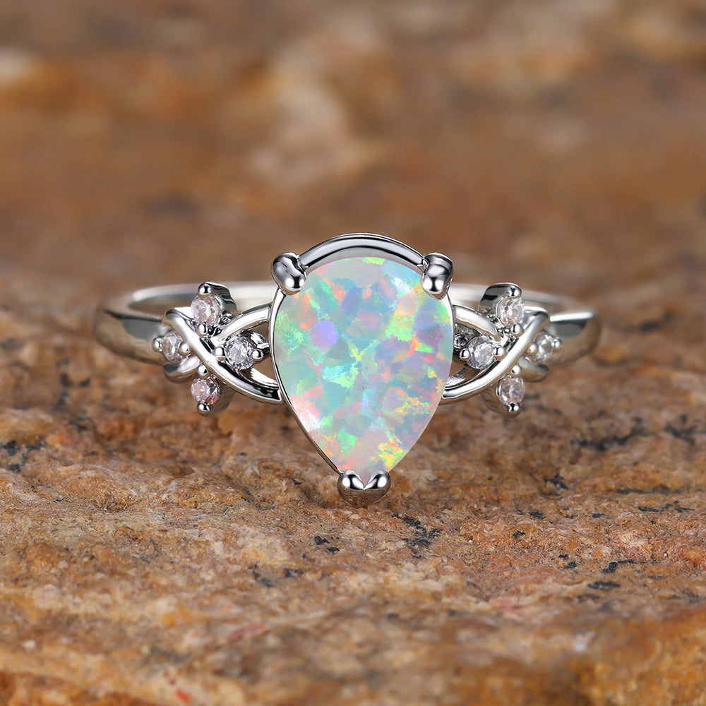 Tropfenförmige Inlayd Zirkon Weiß Diamant Blume Ring Vintage Einfache alle Match Schmuck