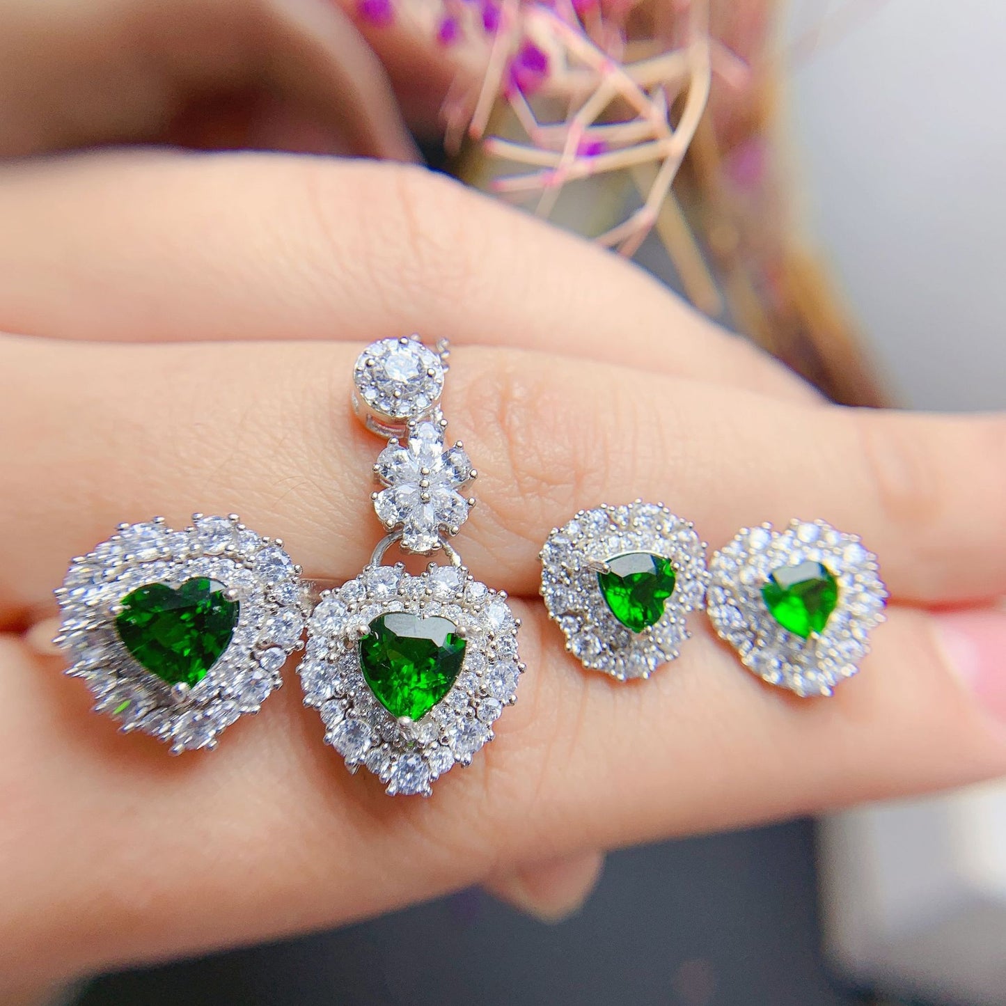 925 Silber Eingelegt Herzform Diopside Schmuckset